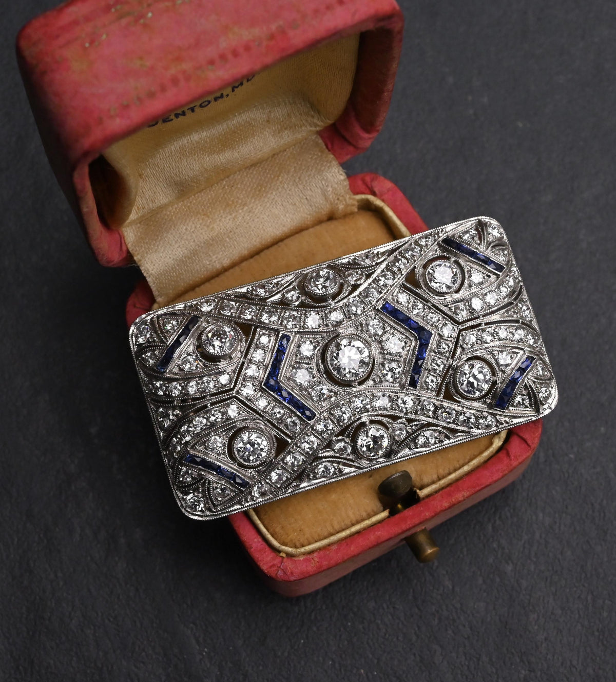 Rare Antique Art Deco Platinum 4.00ctw Diamond & Lab Sapphire Brooch Pendant IGI
