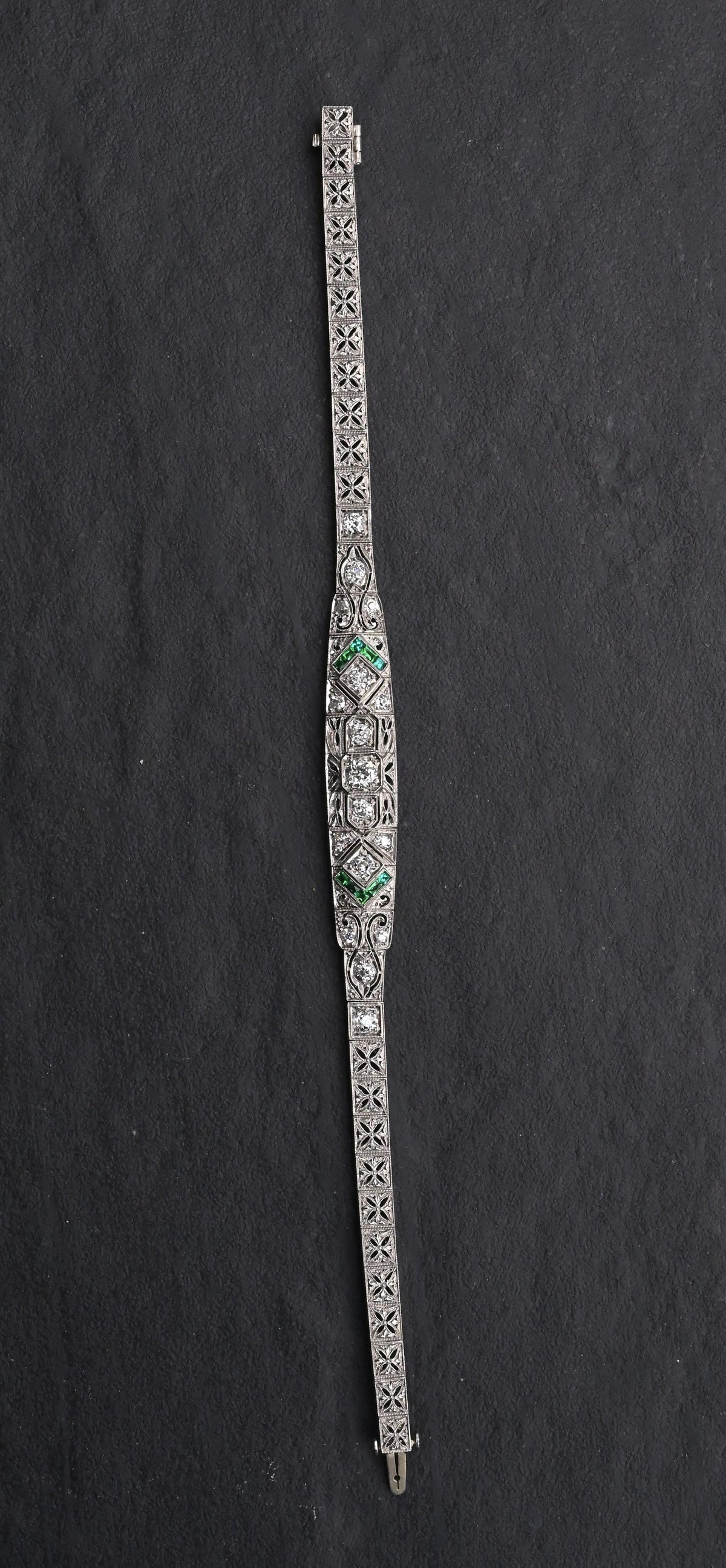 Art Deco Platinum 1.25ctw Diamond & Green Stone Filigree Line Bracelet IGI Cert.
