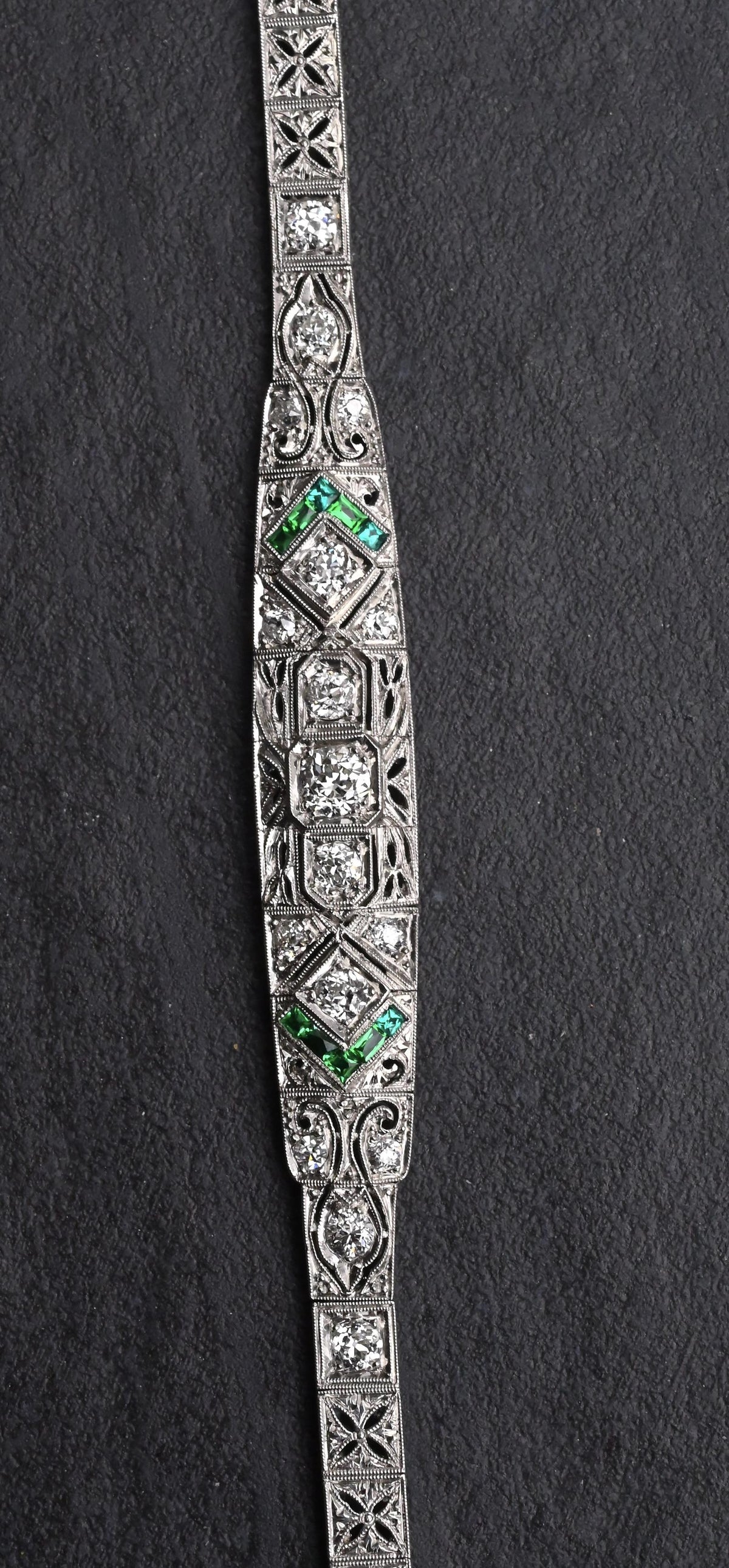 Art Deco Platinum 1.25ctw Diamond & Green Stone Filigree Line Bracelet IGI Cert.