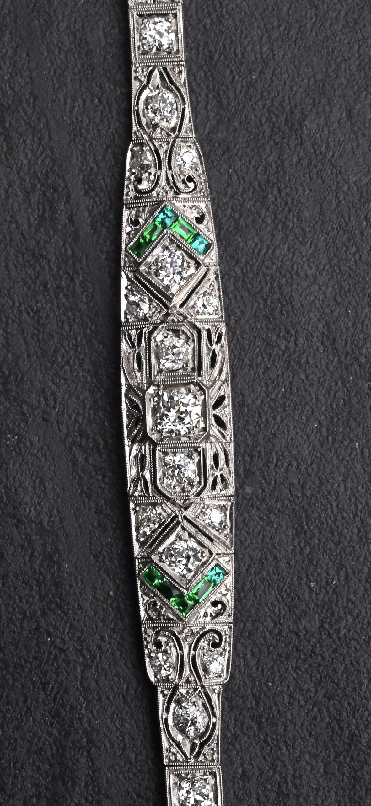 Art Deco Platinum 1.25ctw Diamond & Green Stone Filigree Line Bracelet IGI Cert.