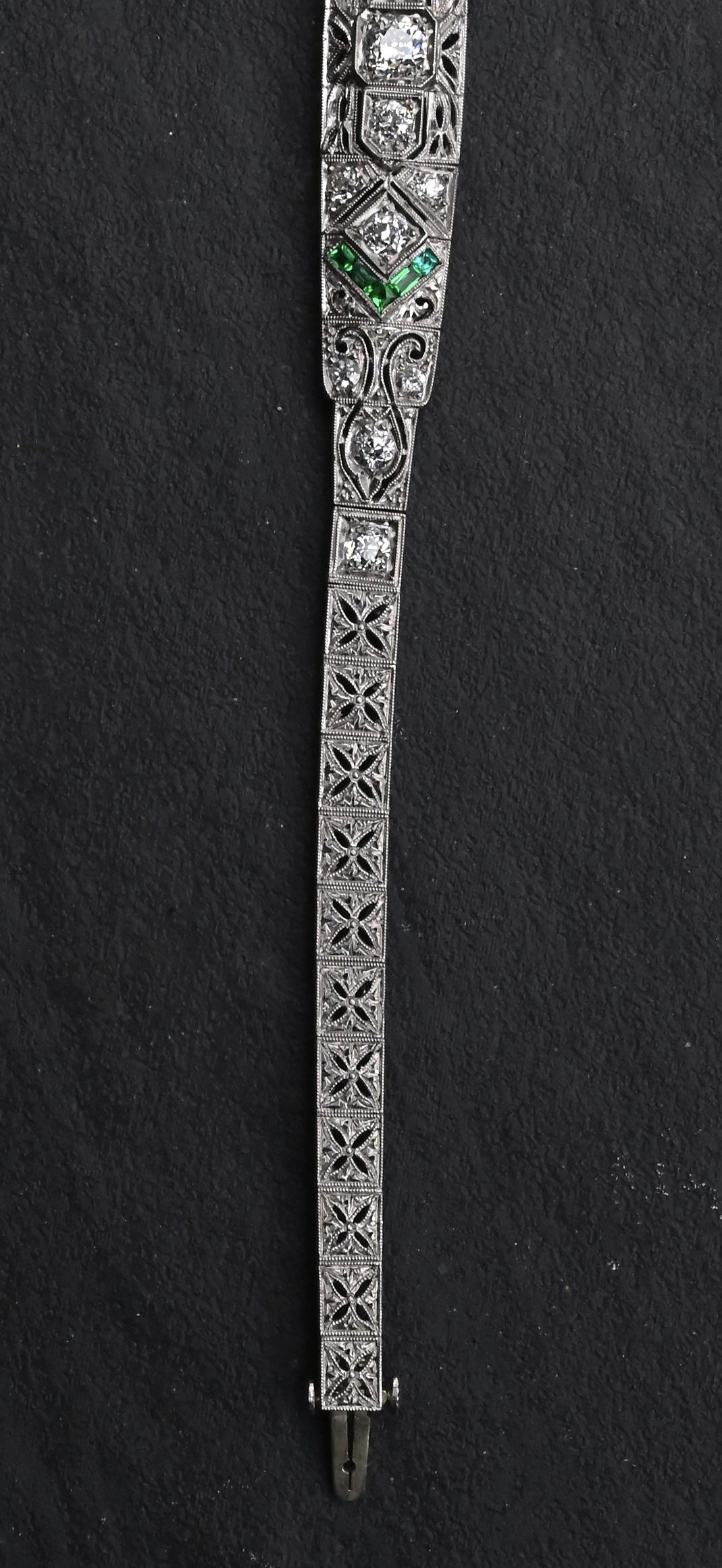 Art Deco Platinum 1.25ctw Diamond & Green Stone Filigree Line Bracelet IGI Cert.