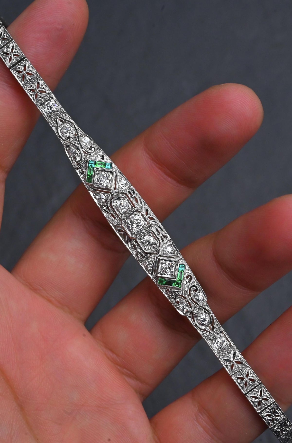 Art Deco Platinum 1.25ctw Diamond & Green Stone Filigree Line Bracelet IGI Cert.
