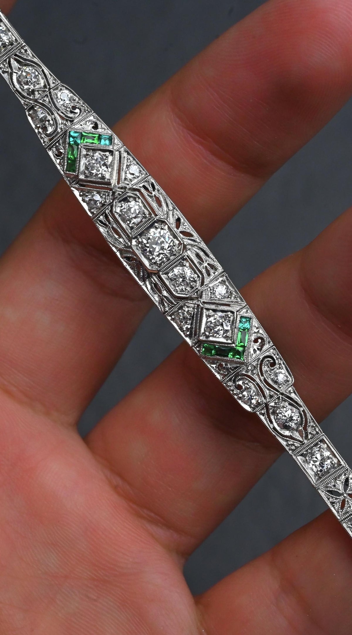 Art Deco Platinum 1.25ctw Diamond & Green Stone Filigree Line Bracelet IGI Cert.