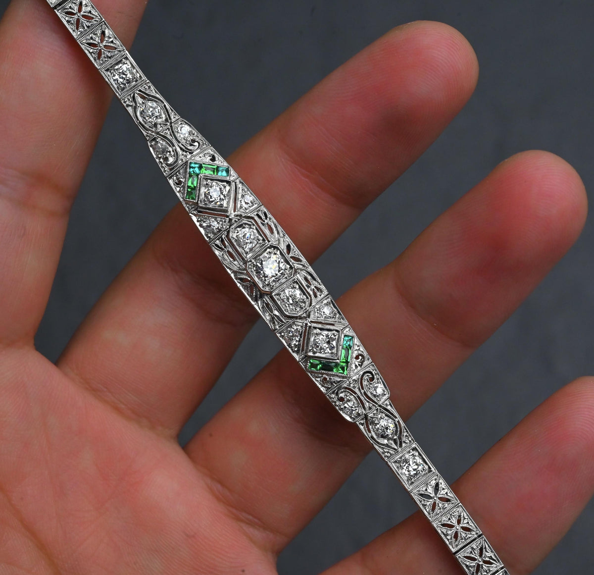 Art Deco Platinum 1.25ctw Diamond & Green Stone Filigree Line Bracelet IGI Cert.