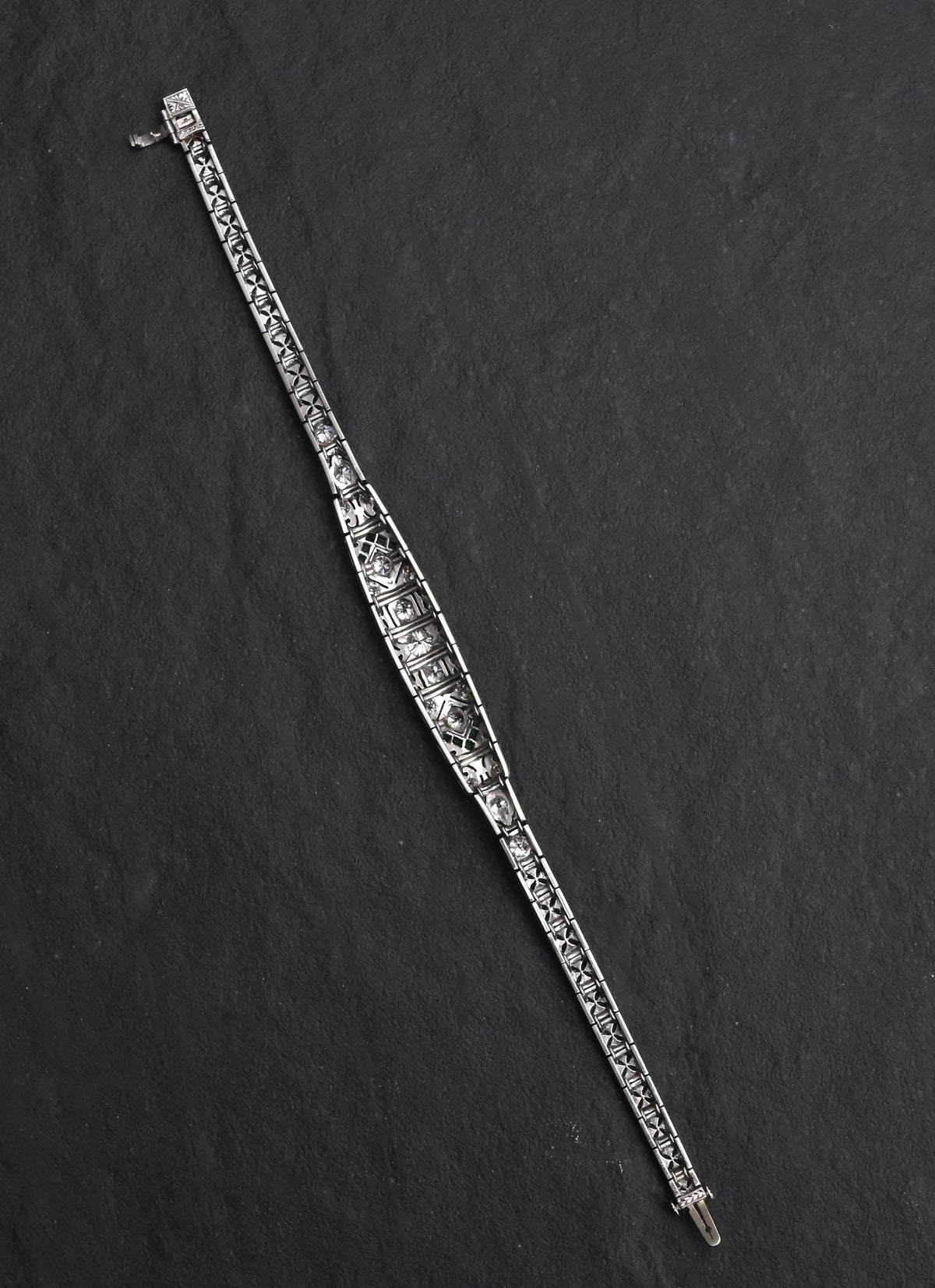 Art Deco Platinum 1.25ctw Diamond & Green Stone Filigree Line Bracelet IGI Cert.
