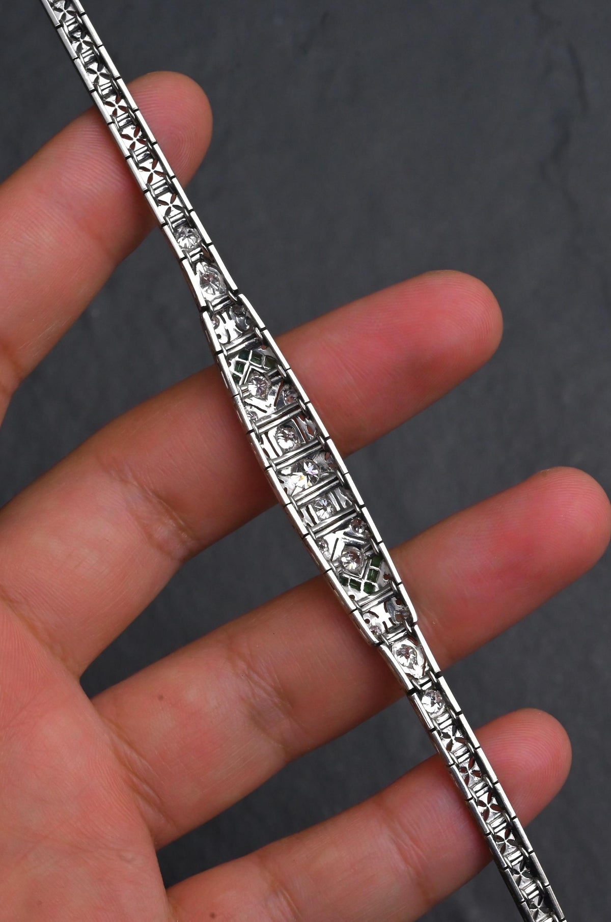 Art Deco Platinum 1.25ctw Diamond & Green Stone Filigree Line Bracelet IGI Cert.