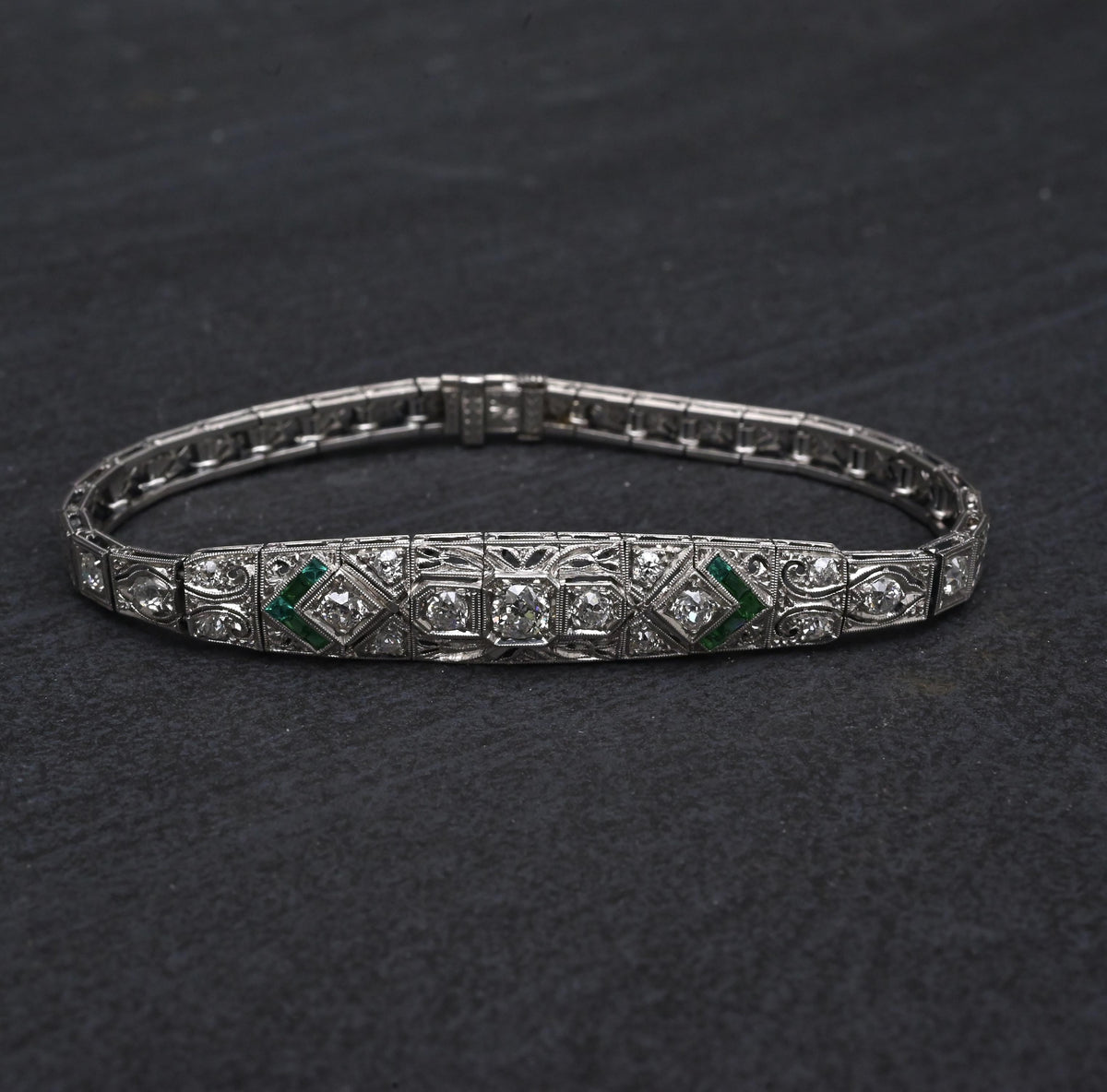Art Deco Platinum 1.25ctw Diamond & Green Stone Filigree Line Bracelet IGI Cert.