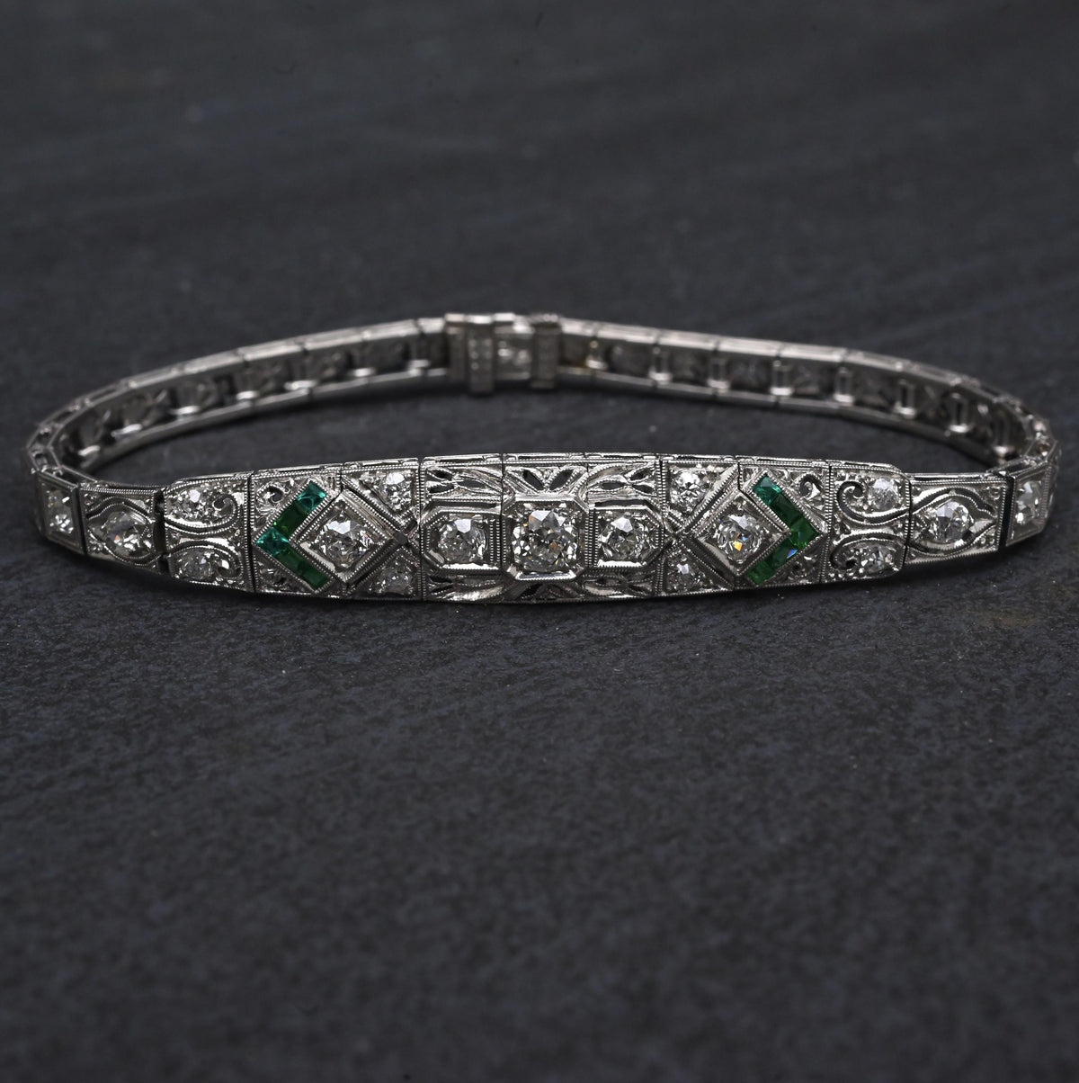 Art Deco Platinum 1.25ctw Diamond & Green Stone Filigree Line Bracelet IGI Cert.