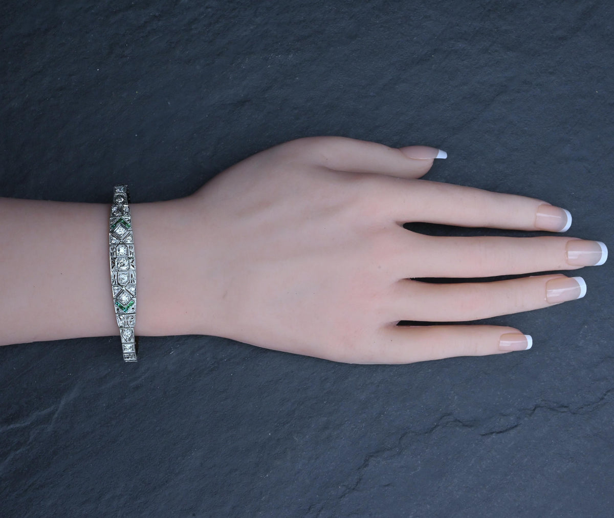 Art Deco Platinum 1.25ctw Diamond & Green Stone Filigree Line Bracelet IGI Cert.