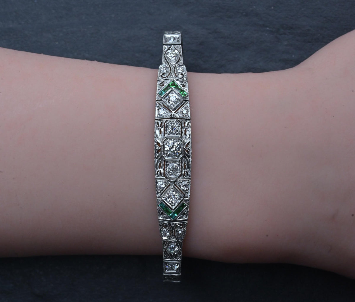 Art Deco Platinum 1.25ctw Diamond & Green Stone Filigree Line Bracelet IGI Cert.
