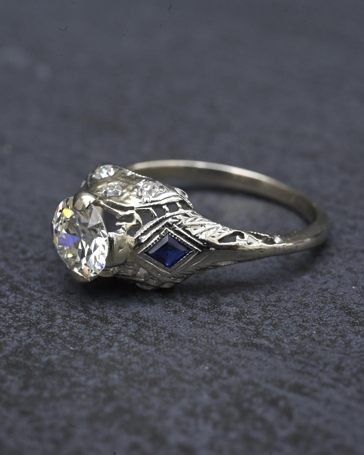 Antique Art Deco 14K/18K White Gold 0.80ctw Old European Diamond Ring IGI Cert.