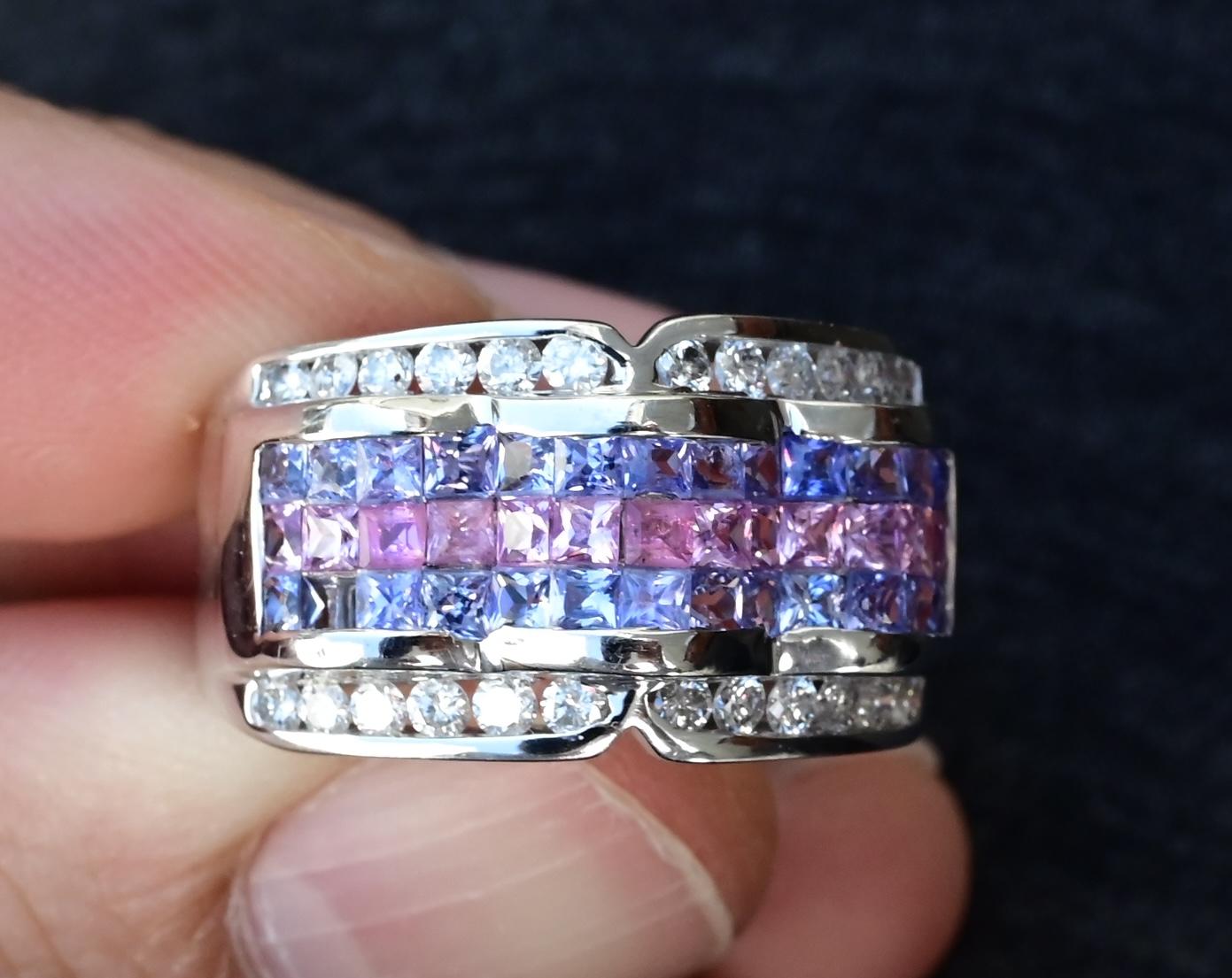 14K White Gold Multi-Gemstone & Diamond Wide Band Ring 9.63 Grams – Size 8