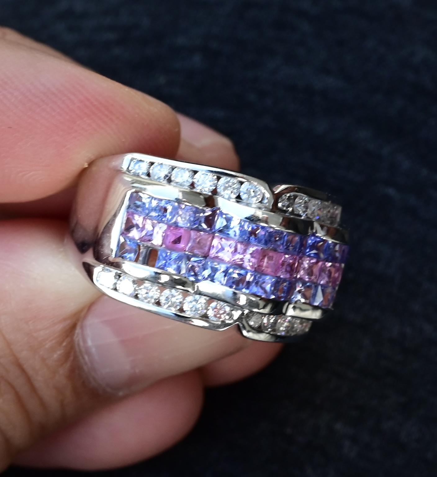 14K White Gold Multi-Gemstone & Diamond Wide Band Ring 9.63 Grams – Size 8