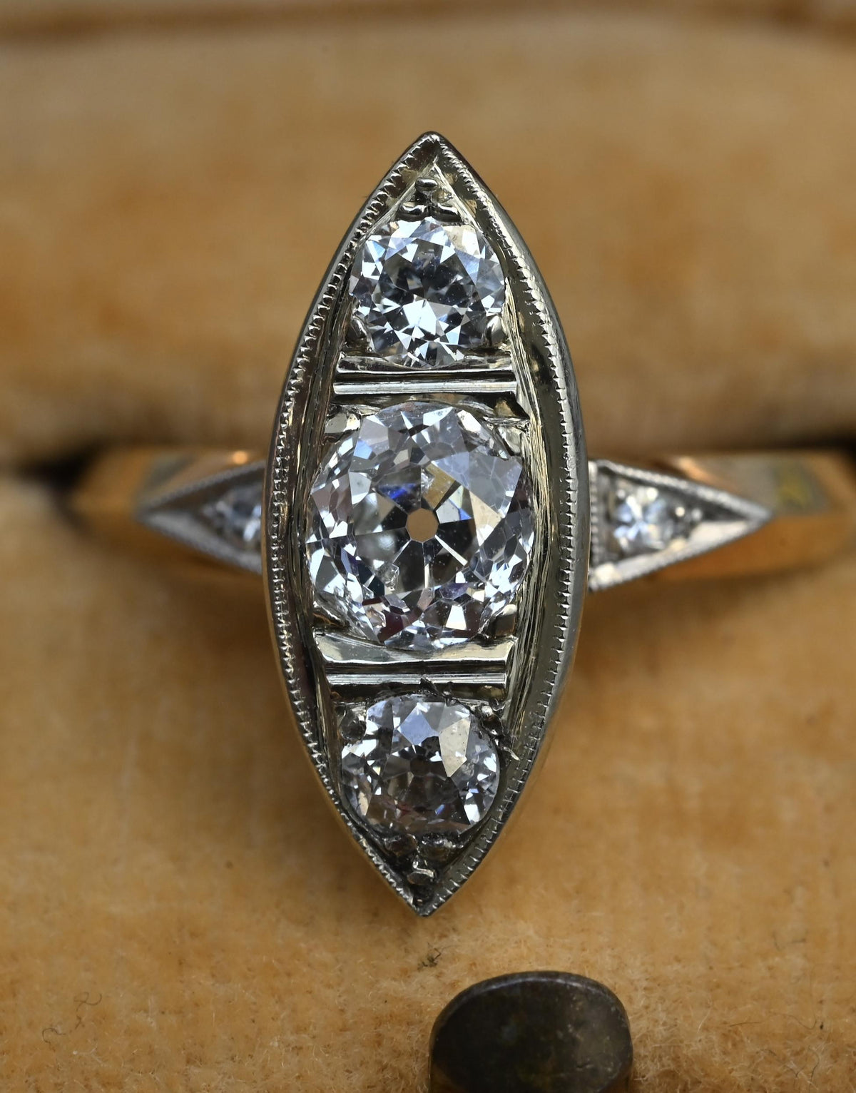 Art Deco 0.80ctw Old Mine Cut Diamond Navette Ring 14K Gold IGI Certified Size 6