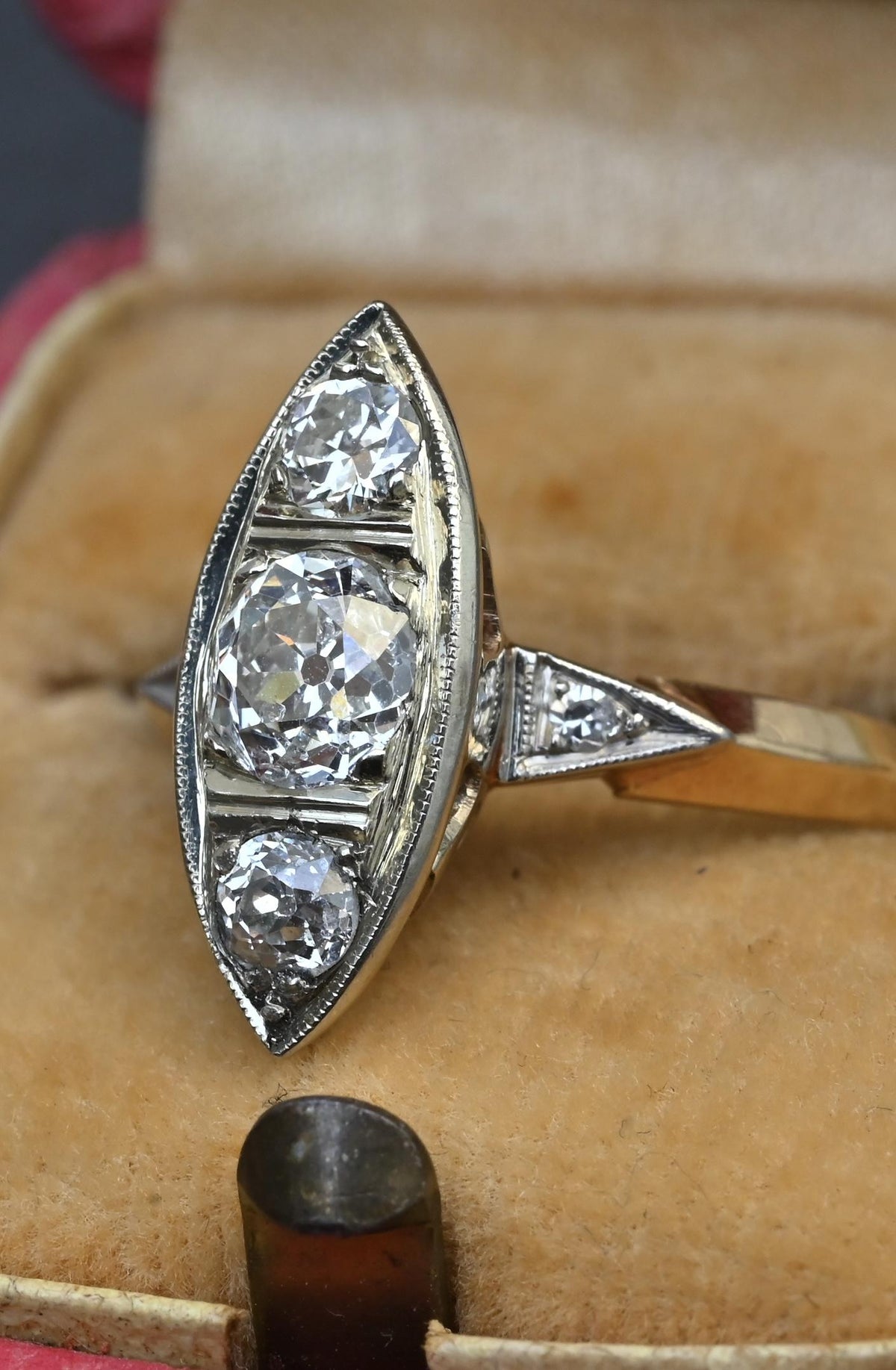 Art Deco 0.80ctw Old Mine Cut Diamond Navette Ring 14K Gold IGI Certified Size 6