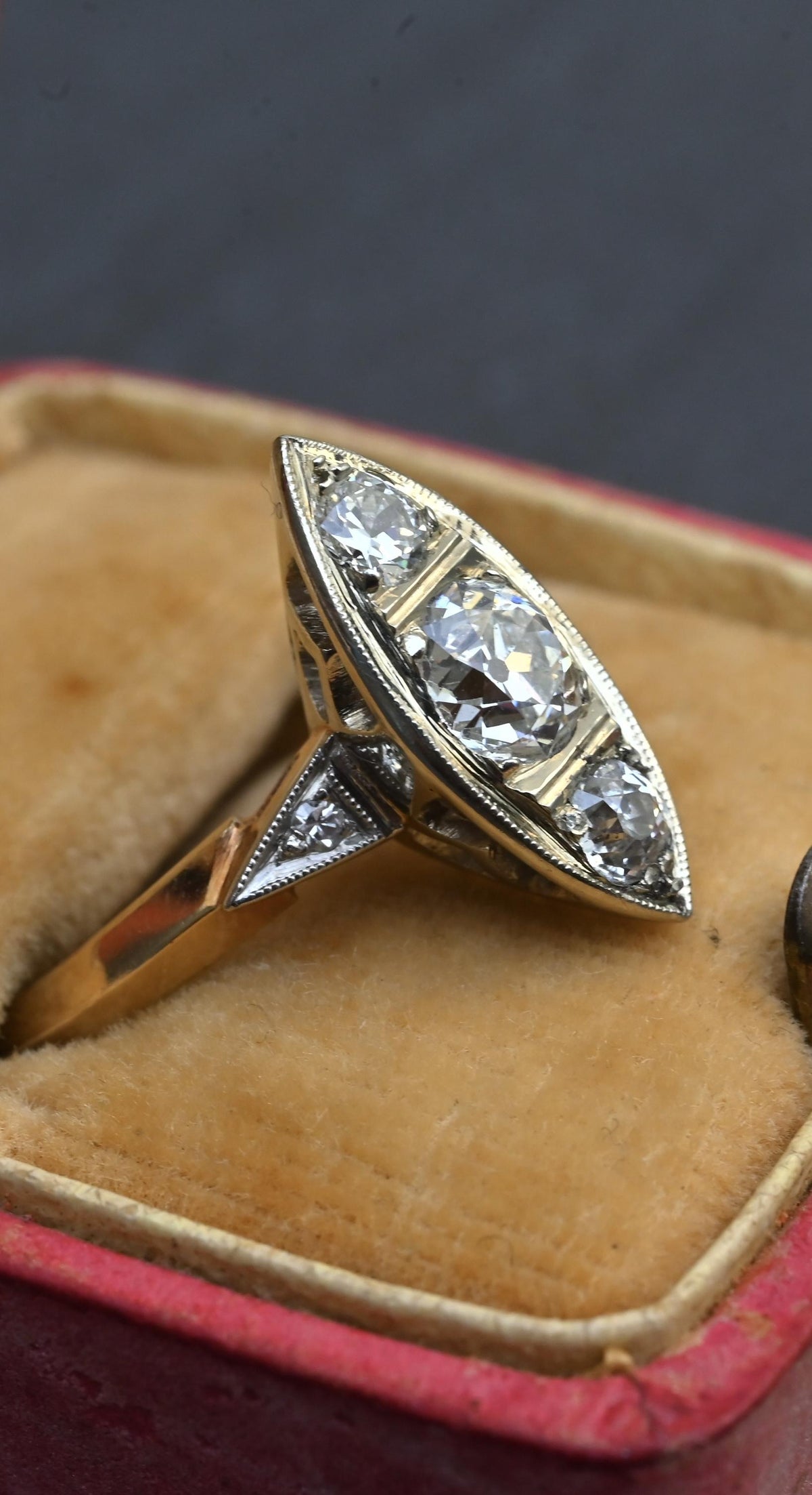 Art Deco 0.80ctw Old Mine Cut Diamond Navette Ring 14K Gold IGI Certified Size 6