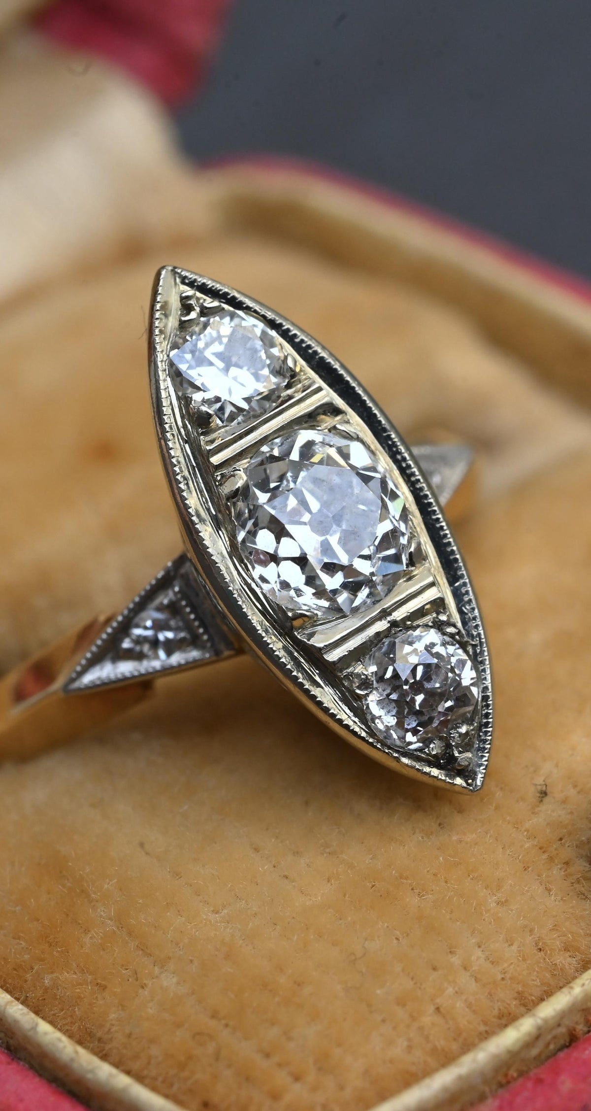 Art Deco 0.80ctw Old Mine Cut Diamond Navette Ring 14K Gold IGI Certified Size 6
