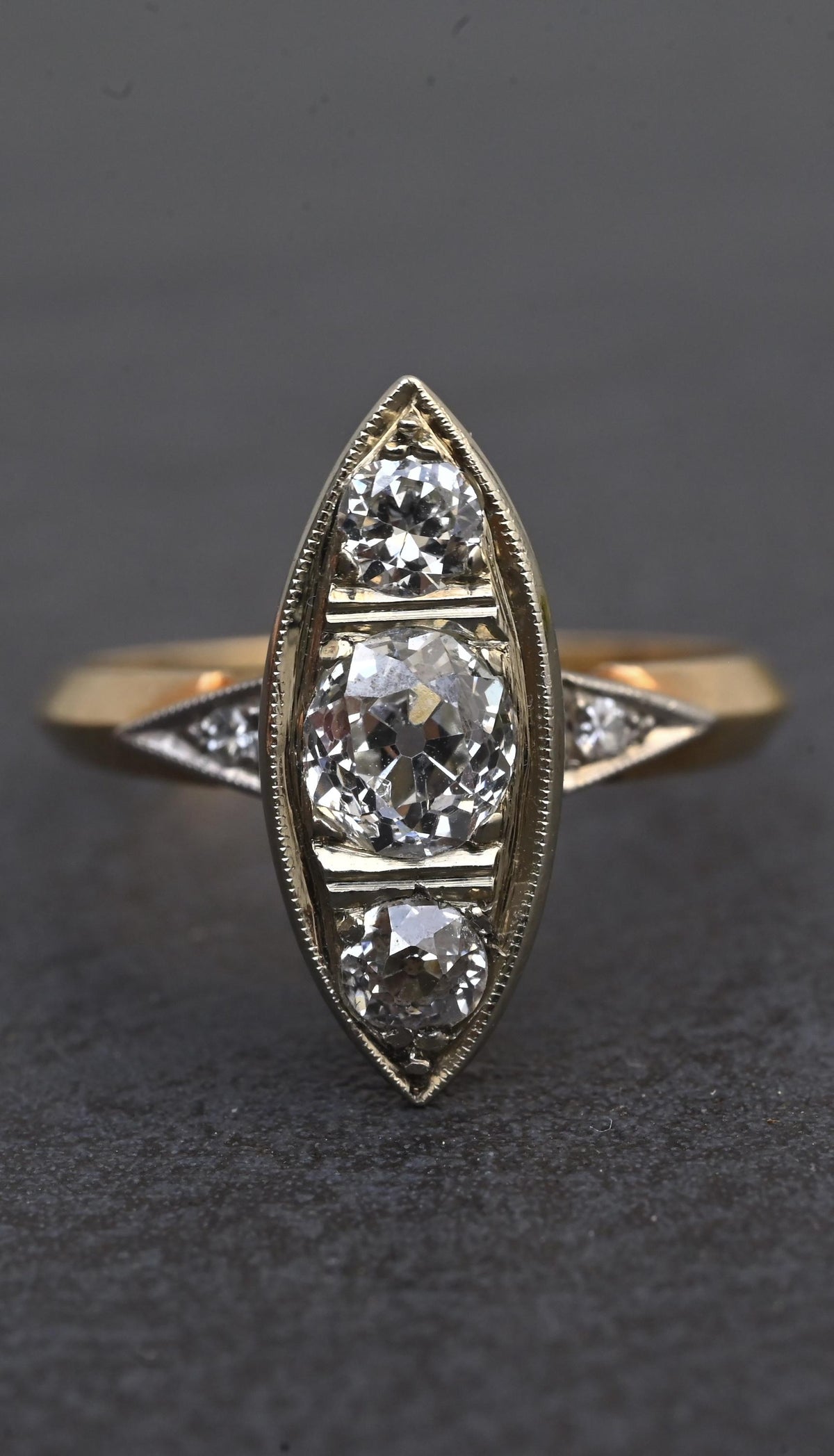 Art Deco 0.80ctw Old Mine Cut Diamond Navette Ring 14K Gold IGI Certified Size 6