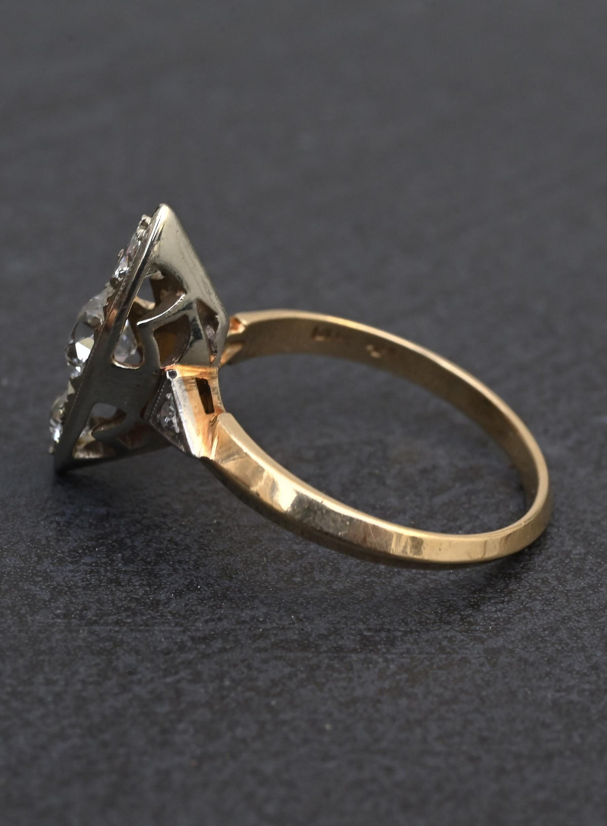 Art Deco 0.80ctw Old Mine Cut Diamond Navette Ring 14K Gold IGI Certified Size 6