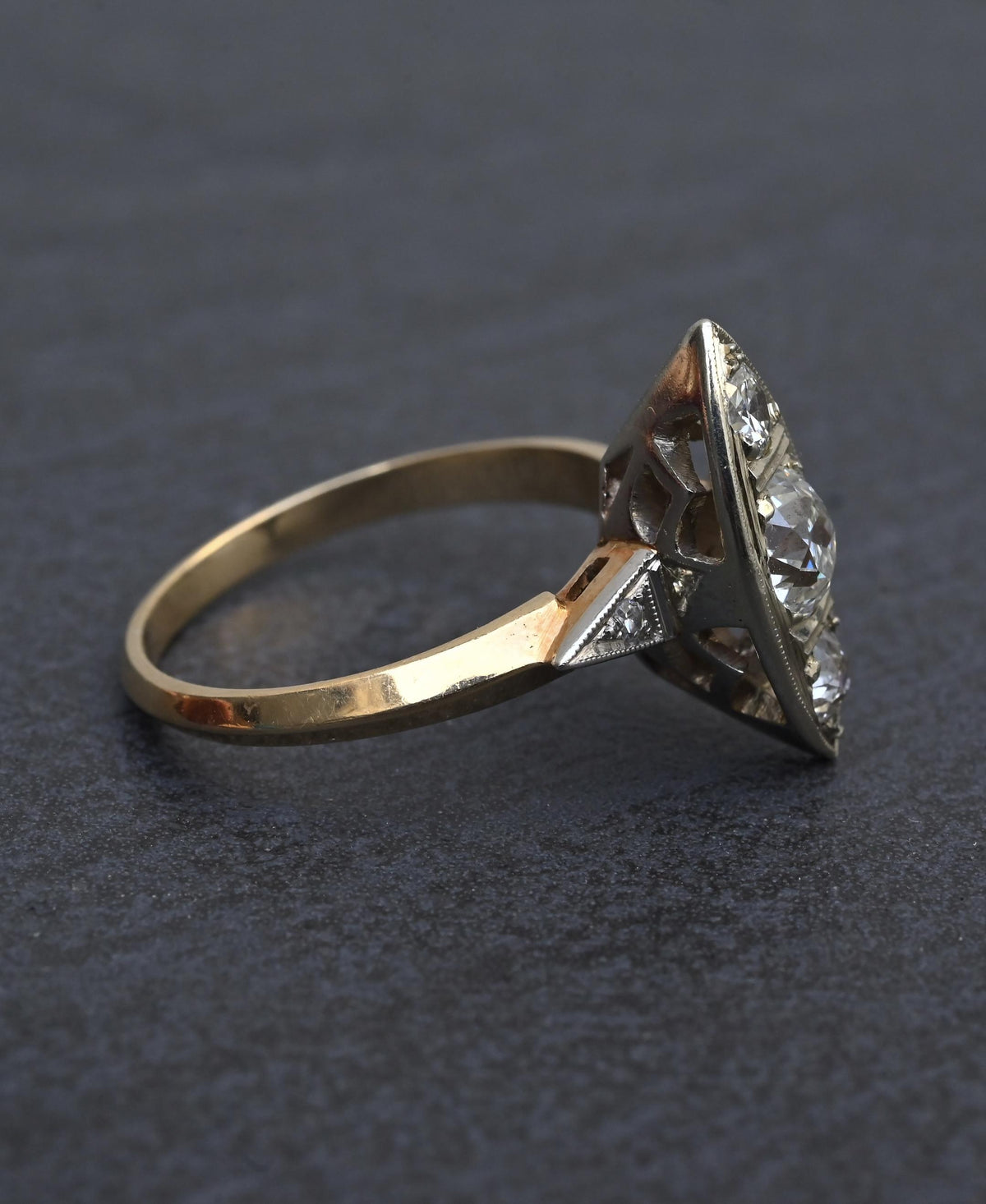 Art Deco 0.80ctw Old Mine Cut Diamond Navette Ring 14K Gold IGI Certified Size 6