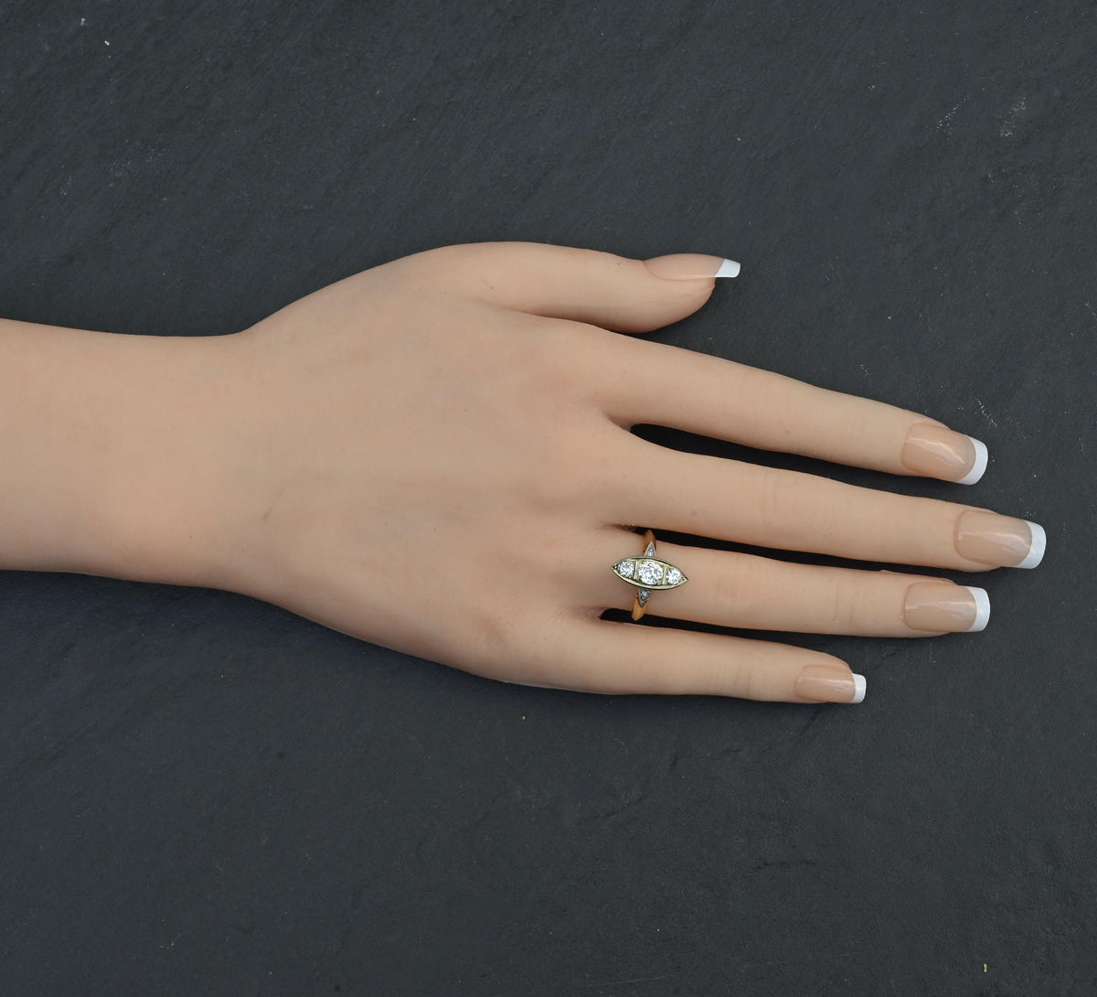 Art Deco 0.80ctw Old Mine Cut Diamond Navette Ring 14K Gold IGI Certified Size 6