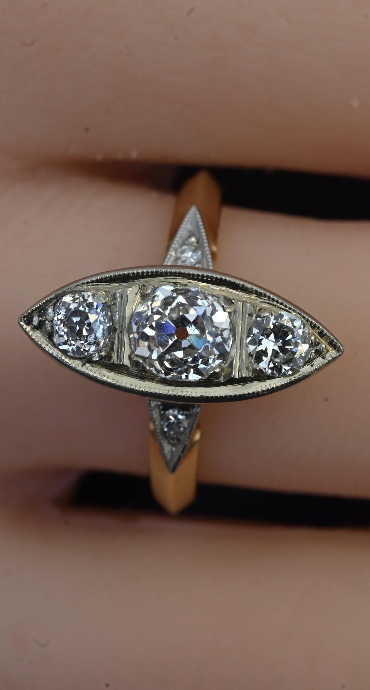 Art Deco 0.80ctw Old Mine Cut Diamond Navette Ring 14K Gold IGI Certified Size 6