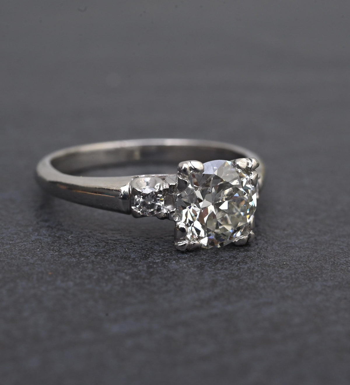 Mid-Century Platinum 1.05 Carat Diamond Three-Stone Engagement Ring – IGI Cert.