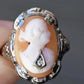 Antique 14K White Gold Habille Diamond Lady Cameo Ornate Filigree Ring 7.25