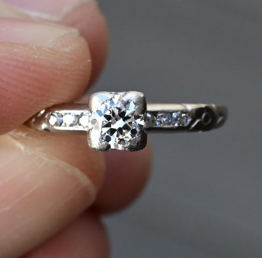 Art Deco Period Platinum Diamond Ring Size 5 .25 CT VS Old Euro Diamond