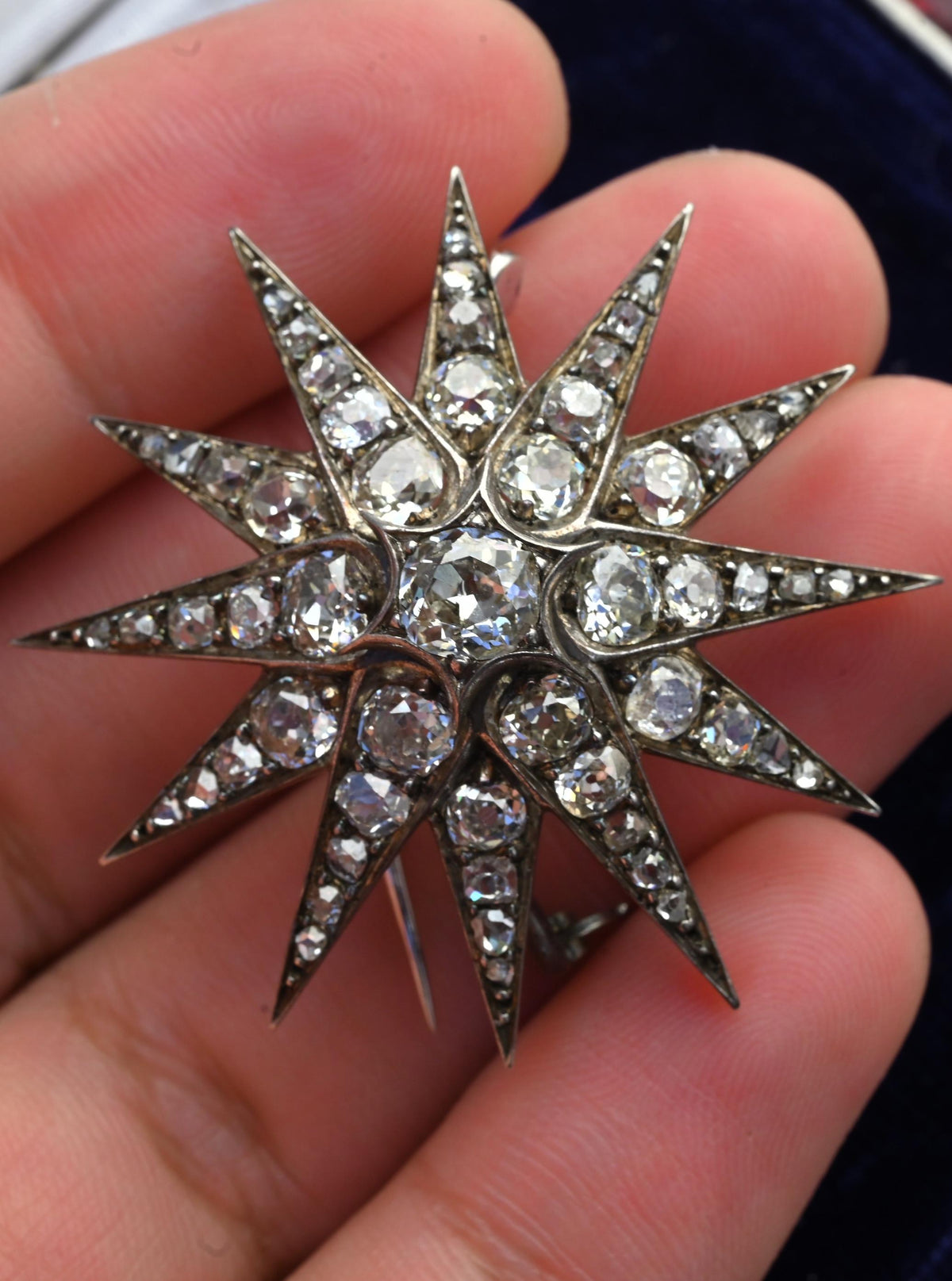Victorian 5.50 CTW Old Mine Cut Diamond Starburst Brooch Pin – IGI Certified