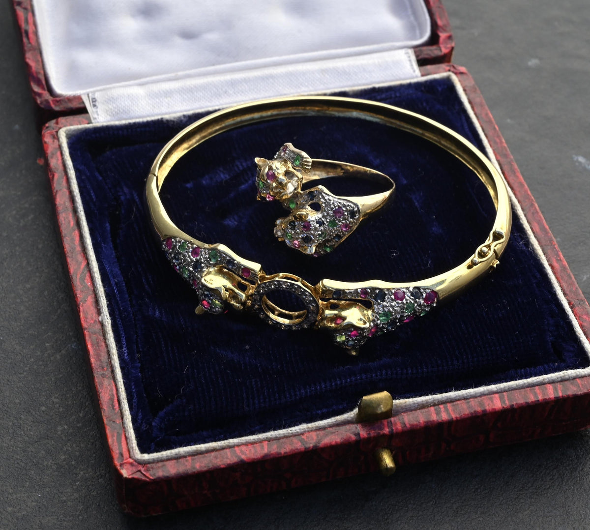 14K Gold Panther Ring & Bracelet Set Ruby Sapphire Emerald Diamond IGI Certified