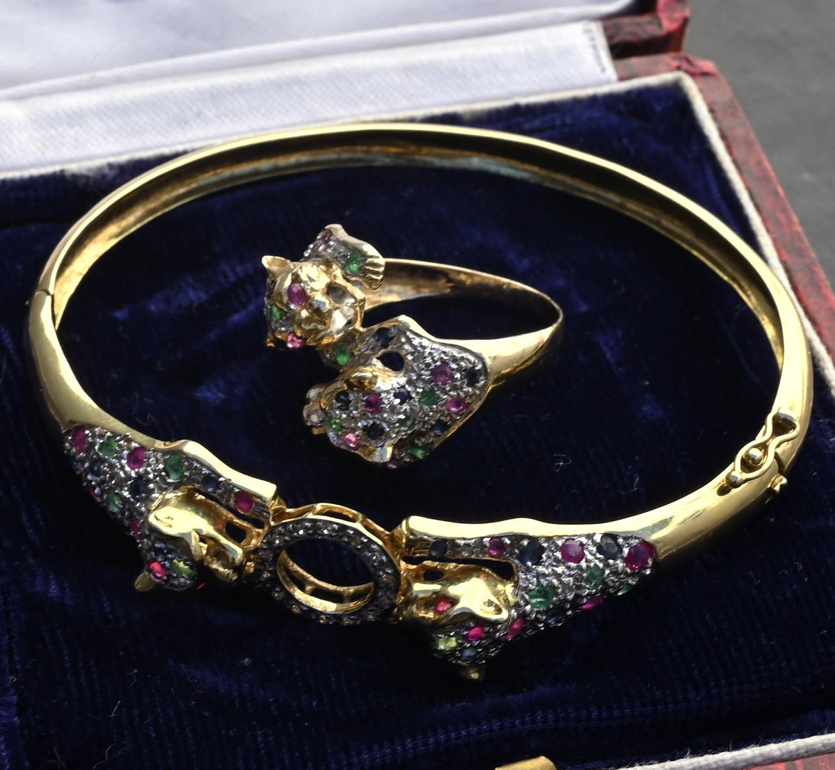 14K Gold Panther Ring & Bracelet Set Ruby Sapphire Emerald Diamond IGI Certified
