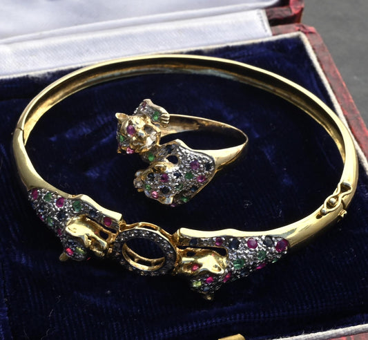 14K Gold Panther Ring & Bracelet Set Ruby Sapphire Emerald Diamond IGI Certified