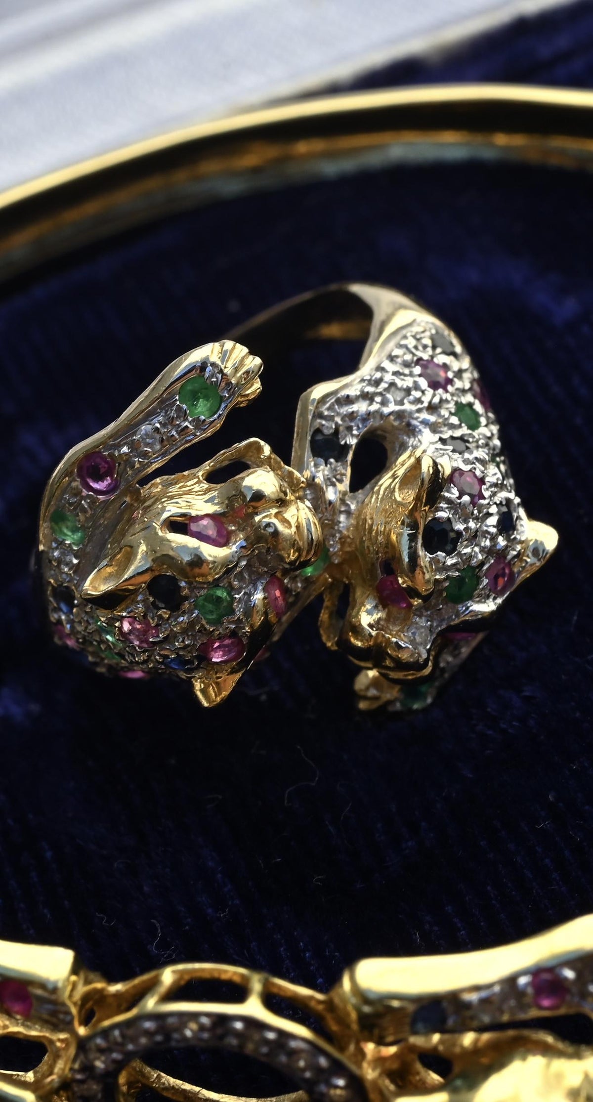 14K Gold Panther Ring & Bracelet Set Ruby Sapphire Emerald Diamond IGI Certified