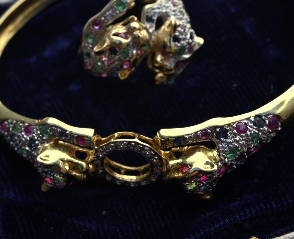 14K Gold Panther Ring & Bracelet Set Ruby Sapphire Emerald Diamond IGI Certified