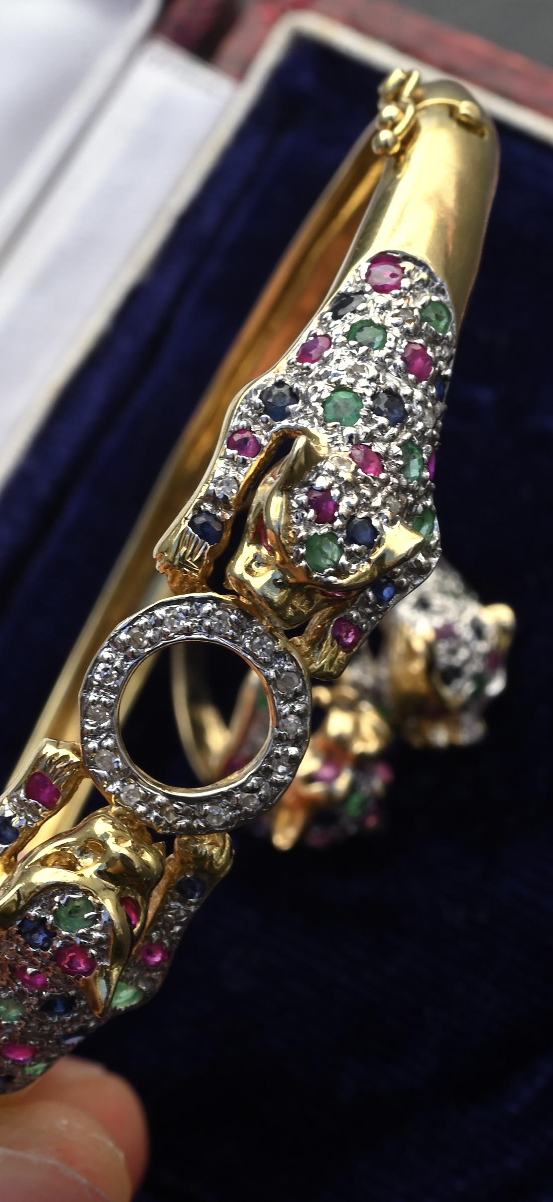 14K Gold Panther Ring & Bracelet Set Ruby Sapphire Emerald Diamond IGI Certified