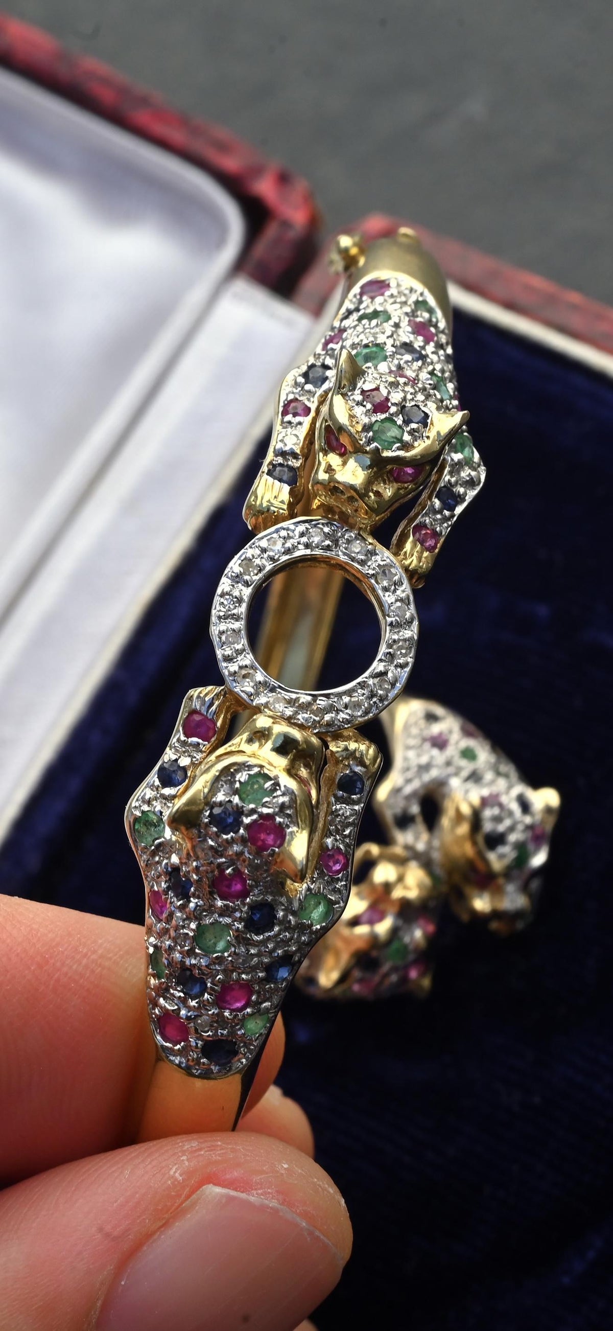 14K Gold Panther Ring & Bracelet Set Ruby Sapphire Emerald Diamond IGI Certified
