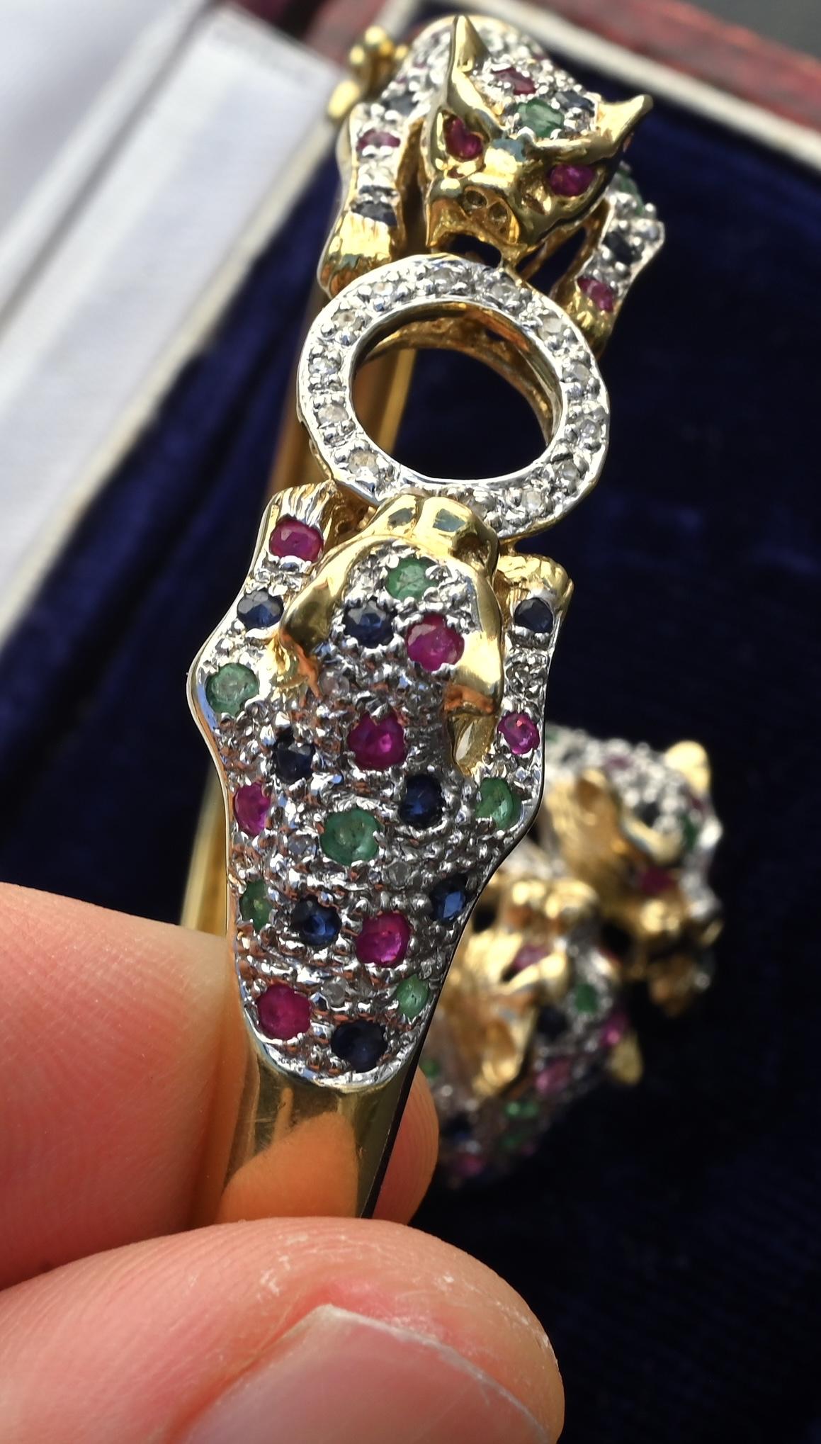 14K Gold Panther Ring & Bracelet Set Ruby Sapphire Emerald Diamond IGI Certified
