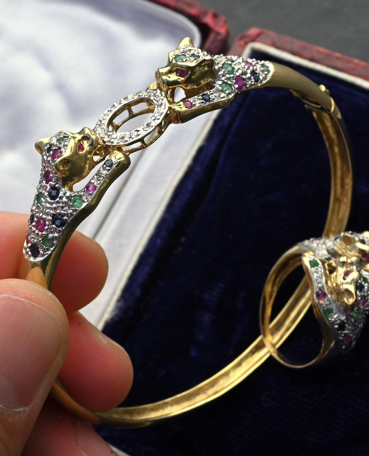 14K Gold Panther Ring & Bracelet Set Ruby Sapphire Emerald Diamond IGI Certified