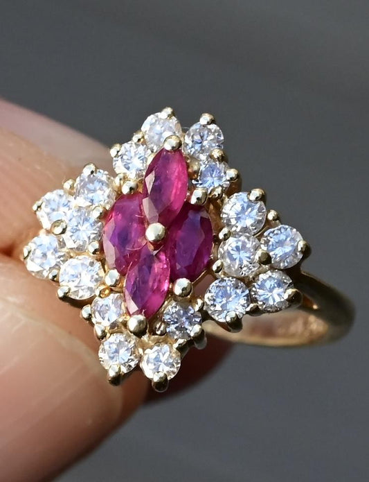 Vintage 14K Yellow Gold Ruby (or Pink Sapphire) & Diamond Cluster Ring – Size 3