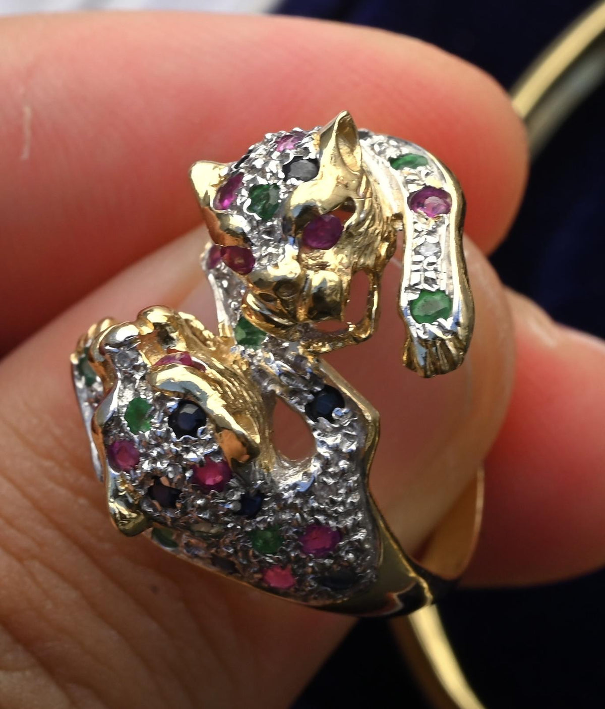 14K Gold Panther Ring & Bracelet Set Ruby Sapphire Emerald Diamond IGI Certified