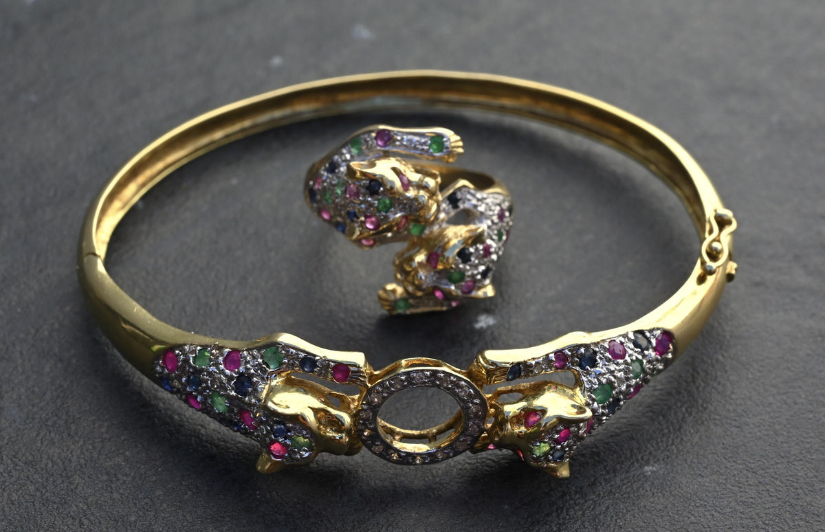 14K Gold Panther Ring & Bracelet Set Ruby Sapphire Emerald Diamond IGI Certified