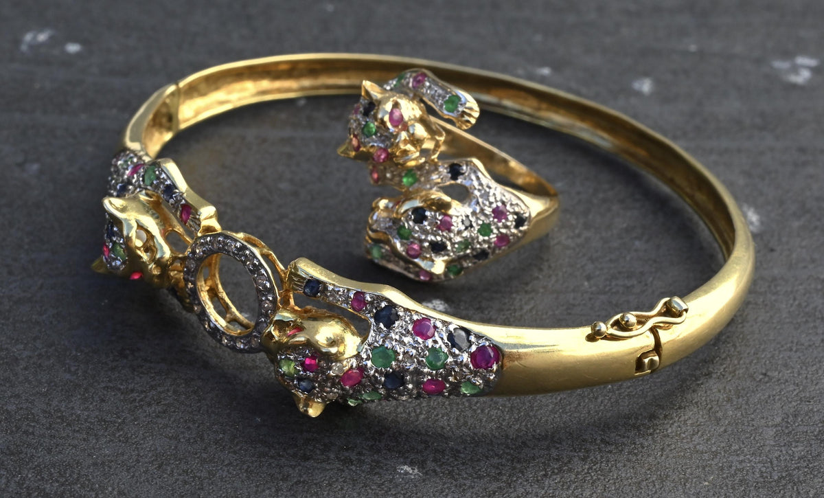 14K Gold Panther Ring & Bracelet Set Ruby Sapphire Emerald Diamond IGI Certified