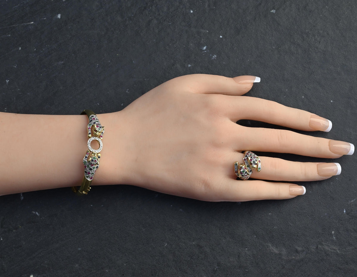 14K Gold Panther Ring & Bracelet Set Ruby Sapphire Emerald Diamond IGI Certified