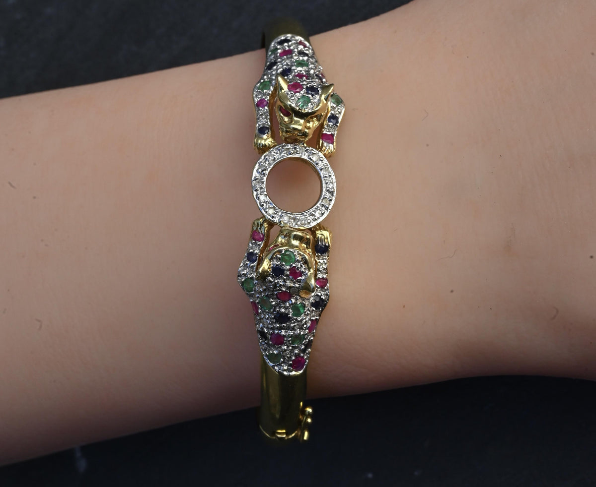 14K Gold Panther Ring & Bracelet Set Ruby Sapphire Emerald Diamond IGI Certified