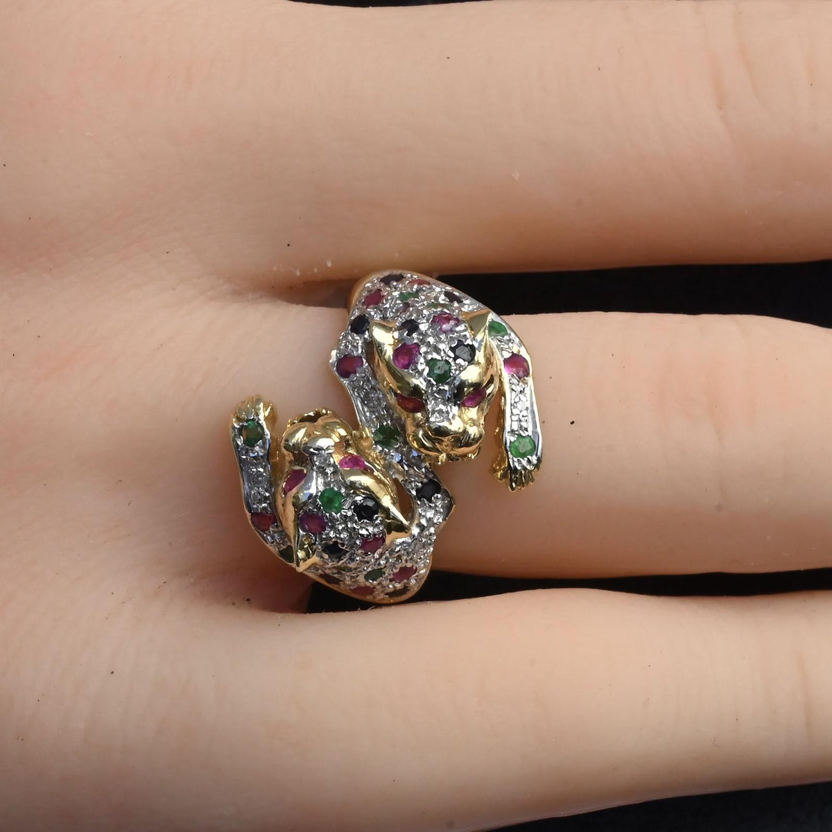 14K Gold Panther Ring & Bracelet Set Ruby Sapphire Emerald Diamond IGI Certified