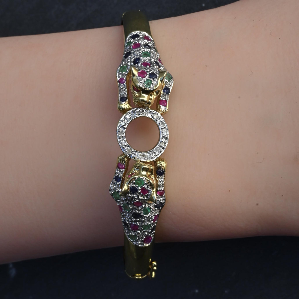 14K Gold Panther Ring & Bracelet Set Ruby Sapphire Emerald Diamond IGI Certified