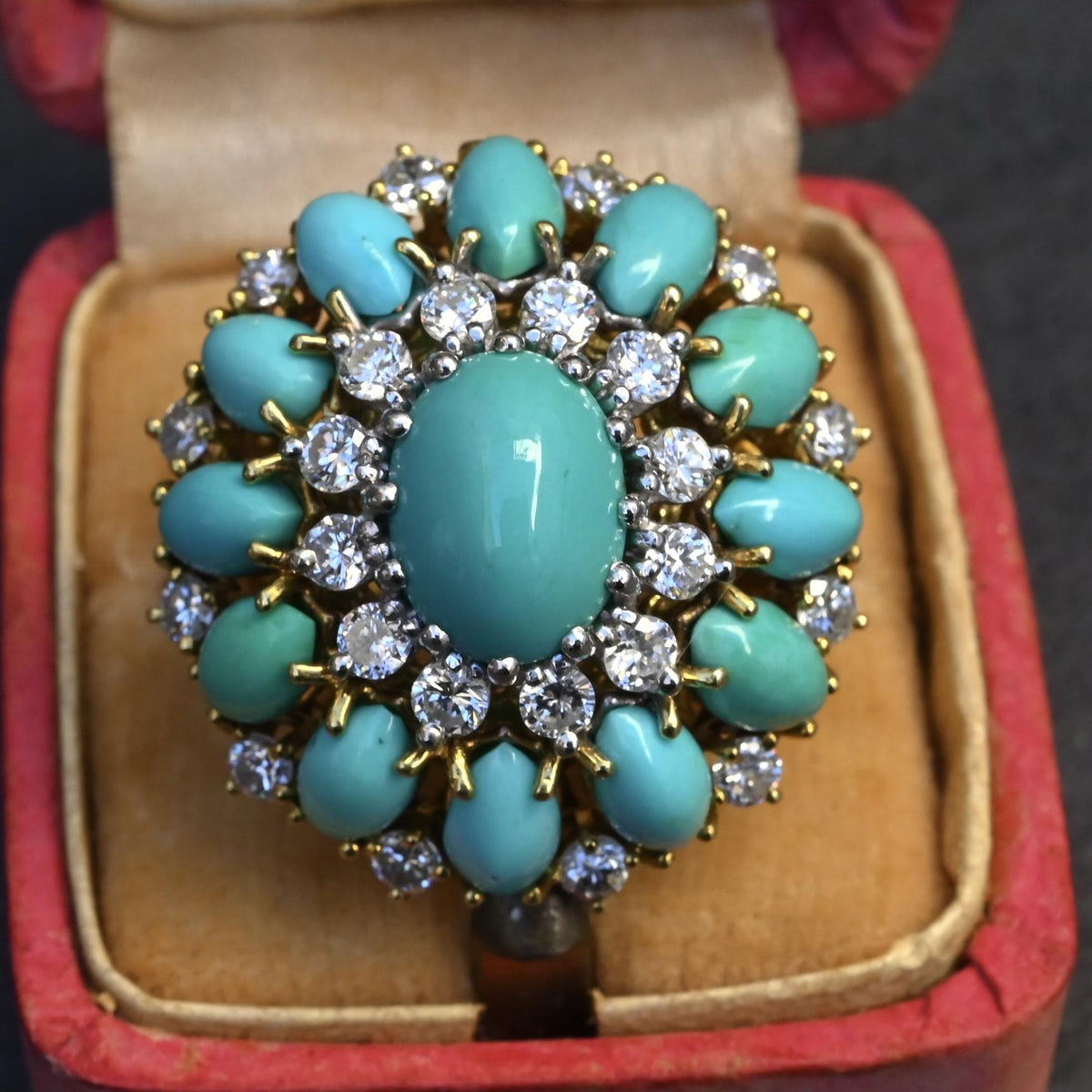 IGI Certified Mid-Century Turquoise & Diamond Statement Cocktail Ring 18K Gold