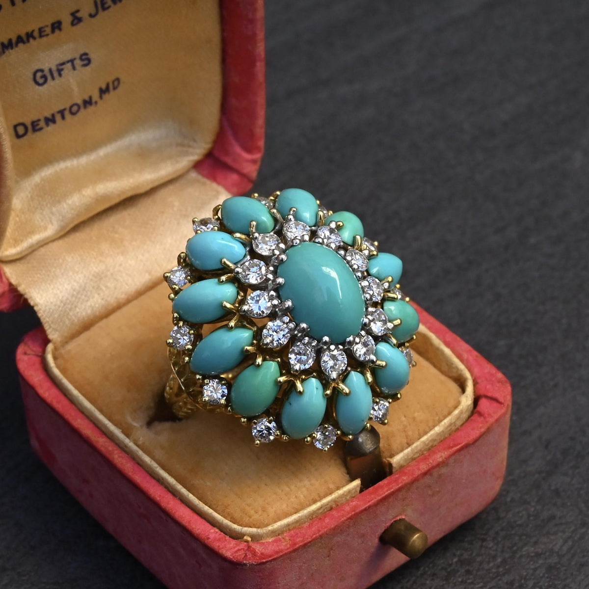 IGI Certified Mid-Century Turquoise & Diamond Statement Cocktail Ring 18K Gold