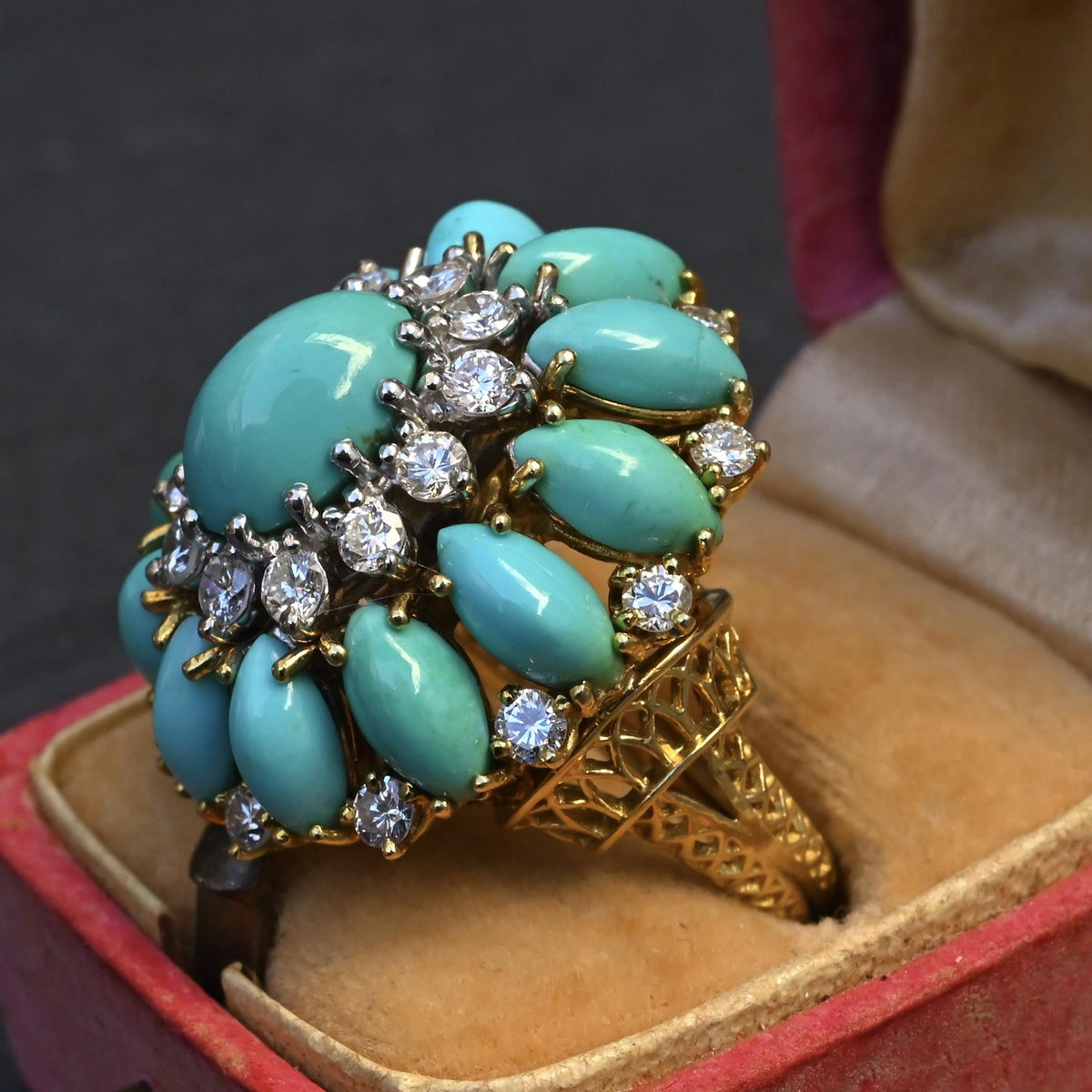 IGI Certified Mid-Century Turquoise & Diamond Statement Cocktail Ring 18K Gold